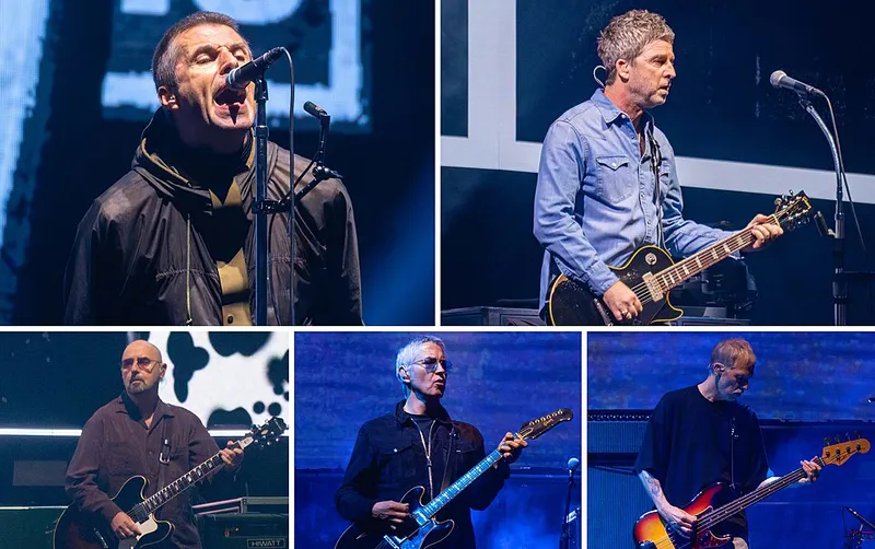 从左到右（第一排） Liam 和 Noel Gallagher. 第二排  Paul Arthurs, Gem Archer 和 Andy Bell.