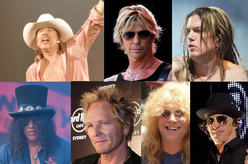 从左到右的顶排：Axl Rose, Duff McKagan, Dizzy Reed. Bottom row: Slash, Matt Sorum, Steven Adler, Izzy Stradlin.